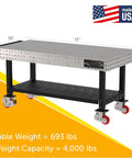 Heavy Duty Welding Fixture Table 72 By 36 Precision Grid Workbench With Utility Shelf And Secure Pull Handle Badass Shop Station Built Tough Steel Frame Lockable Casters Made In Usa with dimensions and weight details.
