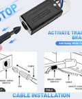 Road Ready Trailer Breakaway Switch With 4 Foot Coiled Cable And Rugged Carabiner shown activating trailer brakes, safety diagrams displayed.