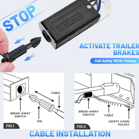 Road Ready Trailer Breakaway Switch With 4 Foot Coiled Cable And Rugged Carabiner shown activating trailer brakes, safety diagrams displayed.