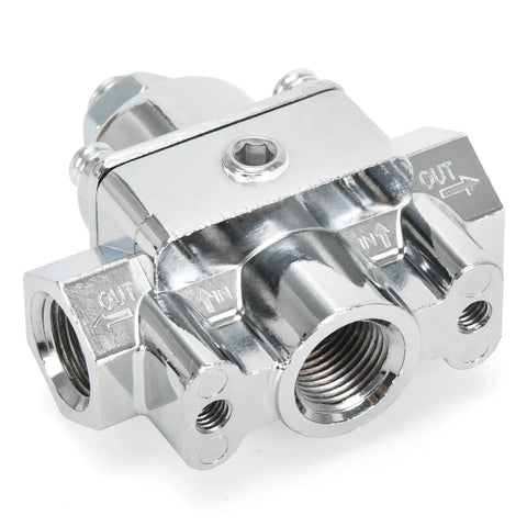 Close-up of Adjustable Fuel Pressure Regulator With Gauge For Holley And Edelbrock Carburetors Dial In 4.5 To 9 PSI 3/8 NPT 1 In 2 Out