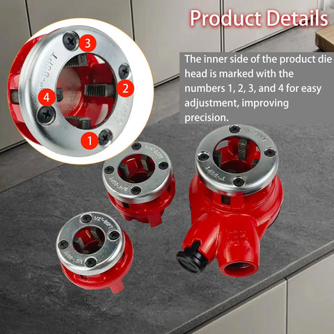 Heavy Duty Pipe Threader Ratchet Kit With BSPT Dies in various sizes on display, showing detailed markings and steel construction.