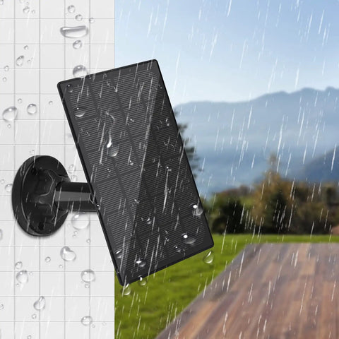 Rugged IP65 Waterproof Solar Panel Kit For Security Cameras With 10Ft Cable And Adjustable Mount in rainy outdoor setting