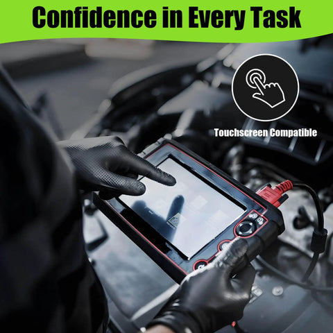 Mechanic using tablet in engine bay wearing 10 Mil Nitrile Gloves Large Disposable Heavy Duty Work Gloves With Raised Diamond Texture.