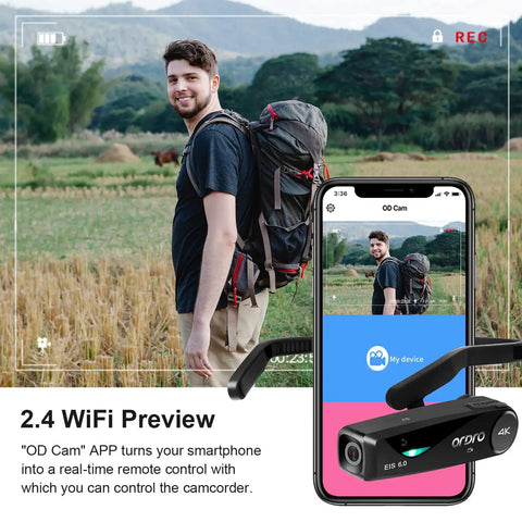 Man with backpack using Head Mounted 4K Video Camera for Hands Free Vlogging, app on phone shows live view, in a landscape setting.