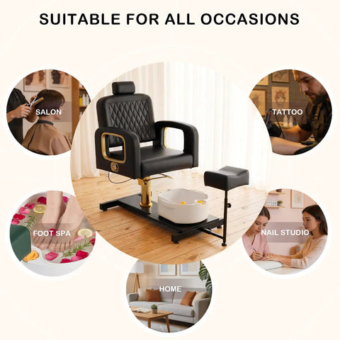 Pro Grade Hydraulic Pedicure Station For Nail Techs With Roomy Removable Foot Tub featuring a stylish black chair and foot spa.