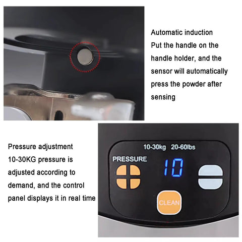 Close-up of automatic sensor on Auto Filling Electric Coffee Tamper 58 Mm Espresso Press Tool showing pressure adjustment display.