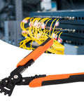 Xixian Heavy Duty Wire Stripper Pliers Multitool Crimper Cutter Stripping Bending For Electricians Chrome Steel tool with orange grips near yellow cables.