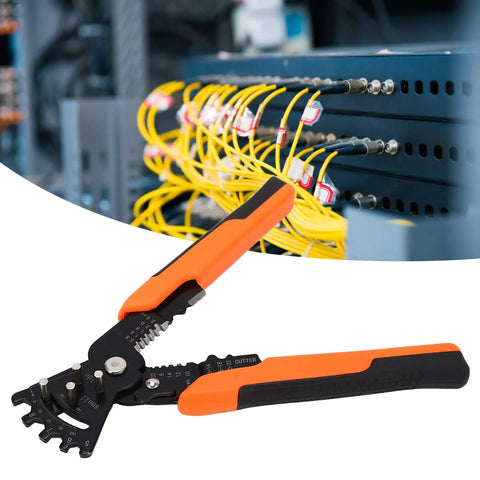 Xixian Heavy Duty Wire Stripper Pliers Multitool Crimper Cutter Stripping Bending For Electricians Chrome Steel tool with orange grips near yellow cables.