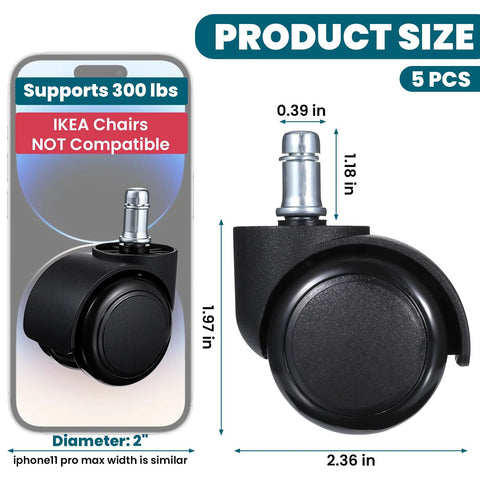 Five Pack 2 Inch Office Chair Wheels Heavy Duty Replacement Silent Rubber Caster Wheels Product Size and Specification Details