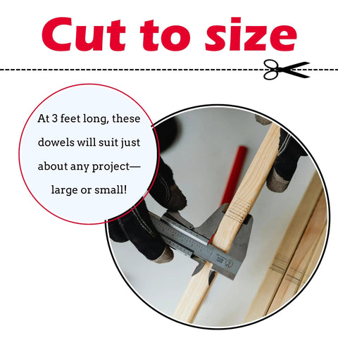 Hands measuring Unfinished Square Wood Dowels 36 Inches Long Pack Of Nine Smooth Sanded Hardwood Craft Sticks with calipers.