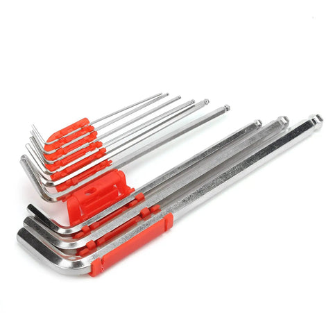 Heavy Duty Nine Piece Metric Hex Key Set Wrench Kit Storage Cover Chrome Vanadium Steel Auto Repair Machine Handles 1 5 Mm To 10mm Bolts Rugged Build Stops Snapping Grinds Fixed Repairs Shop Mechanics Finish Work Save Avoid Brands, nine-piece hex keys on red holder