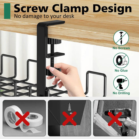 Under Desk Cable Management Tray No Drill Easy Install Steel Wire Organizer with clamp design shown under desk