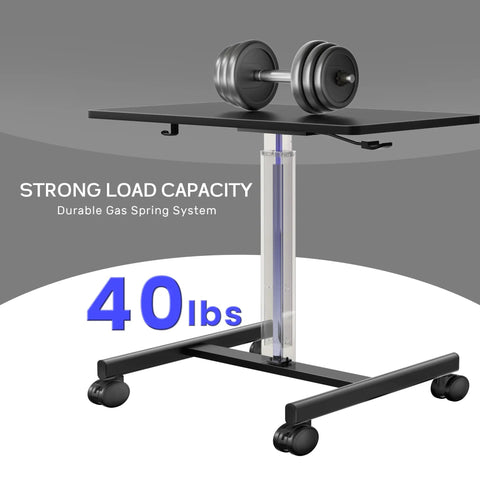 Mobile Laptop Standing Desk With Adjustable Height And Smooth Wheels supporting a 40 lbs weight on black surface.