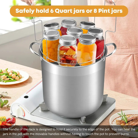 21.5 Quart Stainless Steel Canning Pot Kit With Rack And Tools For Water Bath Canning Beginners holding jars