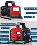 Front and back view of 1200W Portable Inverter With 6A Fast Charger And Six USB Ports, Pure Sine Wave Power Hub For M18 Batteries, 120V AC Outlet, with LED Light and cooling fan.