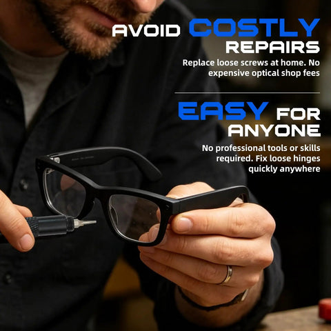Man using Top Shelf Screwdriver Kit Featuring NonMagnetic Screws And Precision Bits For RayBan Meta And Oakley Meta Smart Glasses.