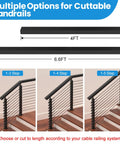 Four Foot 304 Stainless Steel Handrail With Durable Nylon End Caps For Sleek Cable Railing On Decks And Patio Stairs Built Tough As Nails To Hold Your Own Against Weather And Keep Your Deck Looking Fresh, cuttable sizes displayed.