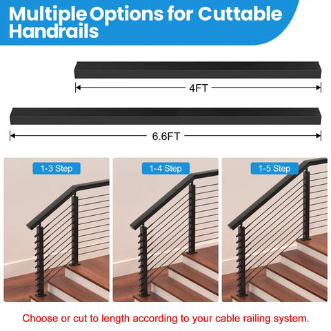 Four Foot 304 Stainless Steel Handrail With Durable Nylon End Caps For Sleek Cable Railing On Decks And Patio Stairs Built Tough As Nails To Hold Your Own Against Weather And Keep Your Deck Looking Fresh, cuttable sizes displayed.
