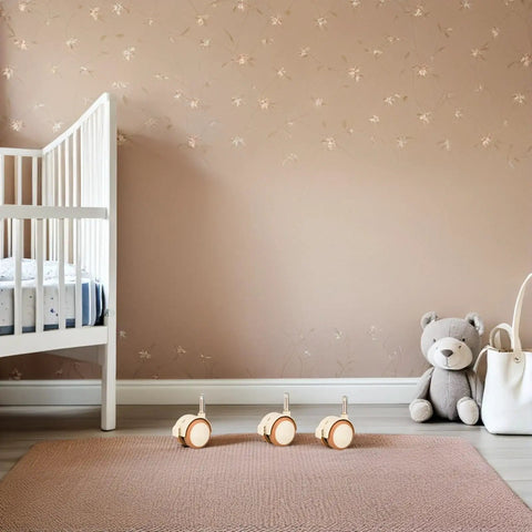4pcs Crib Caster Wheel Set with Grip Neck Stem, PU Silent Locking displayed in nursery with white crib and plush bear.