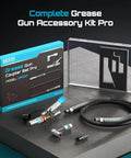Workhorse Grease Gun Accessory Kit With 12000 PSI Quick Release Coupler And 90 Degree Adapter, hose and cleaning tool displayed