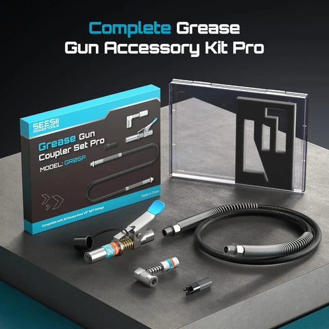 Workhorse Grease Gun Accessory Kit With 12000 PSI Quick Release Coupler And 90 Degree Adapter, hose and cleaning tool displayed