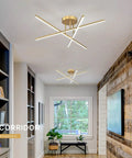 Gold LED Chandelier Three Lights Modern Semi Flush Mount Ceiling Fixture For Kitchen Dining Room Foyer Entry And Bedroom 24 Inches 25W Adjustable Arms For Custom Sleek Lighting, view in modern corridor.