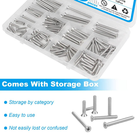 100 Piece Electrical Screw Kit With 6-32 And 8-32 Phillips Flat Head Screws in storage box, 304 stainless steel