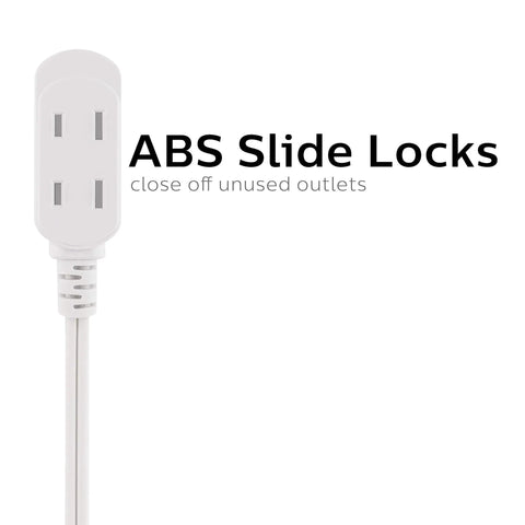 Close-up of a Fifteen Foot Three Outlet Flat Plug Extension Cord With Safety Slide Outlets, white two-prong design.