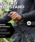 Close-up of hands holding a Pair Of Adjustable Trekking Poles With Aircraft Grade Aluminum, Cork Grip, in a forest setting.