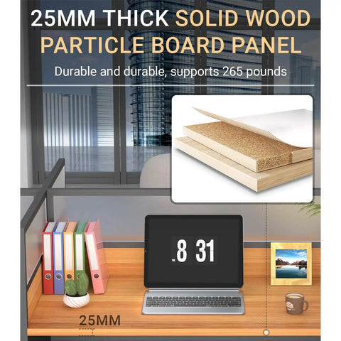 Close-up of Boss Level Six Person Modular Office Cubicle Workstation showing 25mm thick solid wood particle board with items.