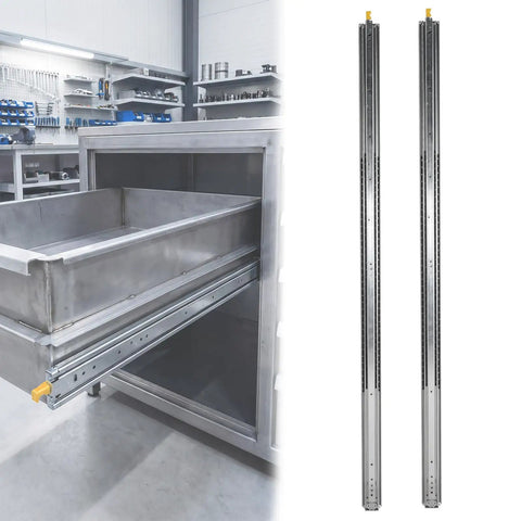 Heavy Duty Ball Bearing Drawer Slides With Hella Sturdy 500 Pound Capacity 76 Inch Side Mount Cabinet Runners installed in a workspace.