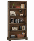 5 Tier Solid Wood Book Shelf Floor Standing Bookcase In Walnut Finish With Arched Base Farmhouse Style 65 Inches Tall 31.5 Inches Wide 11.8 Inches Deep Room Ready For Living Room Or Study And Office with decor and books