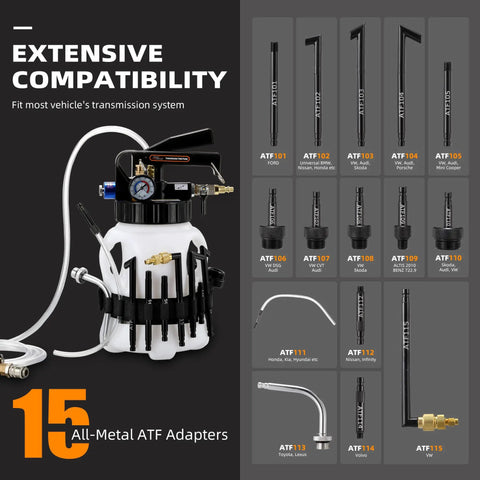 Four Uncles 3L Pneumatic Transmission Fluid Pump With ATF Adapters and 15 adapters for extensive compatibility in auto repairs.