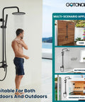 Outdoor Shower Kit With 304 Stainless Steel 8 Inch Shower Head And 2 In 1 Cylinder Handheld Spray Dual Function Easy Install Wall Mount Faucet Matte Black Weatherproof Finish in use outdoors with multiple installation scenarios.