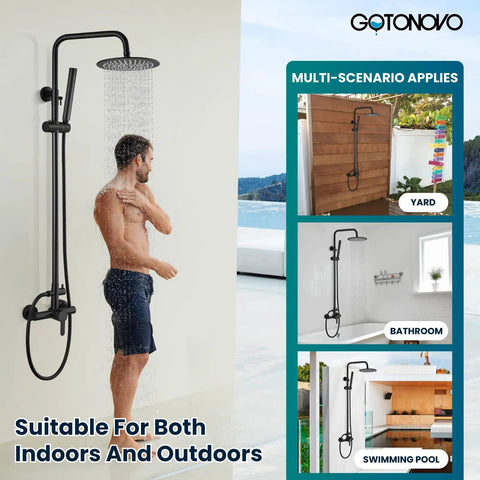 Outdoor Shower Kit With 304 Stainless Steel 8 Inch Shower Head And 2 In 1 Cylinder Handheld Spray Dual Function Easy Install Wall Mount Faucet Matte Black Weatherproof Finish in use outdoors with multiple installation scenarios.