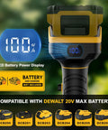Cordless Stick Transfer Pump With Hookup To Dewalt 20V Max showing LED battery display and compatible battery types.