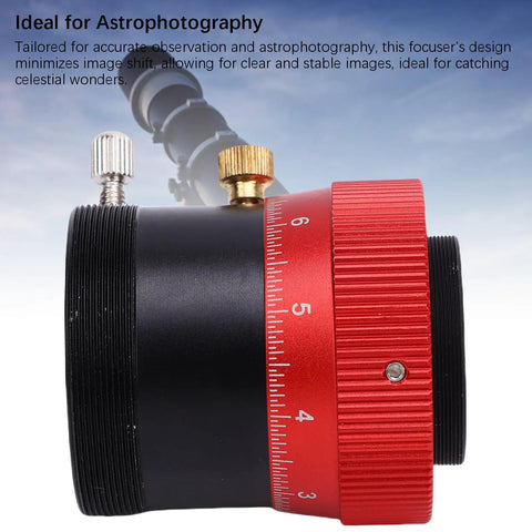 Double Helical Focuser For Telescopes Pro Grade Aluminum Alloy Focus Mechanism With 10mm Stroke shown with red detailing.
