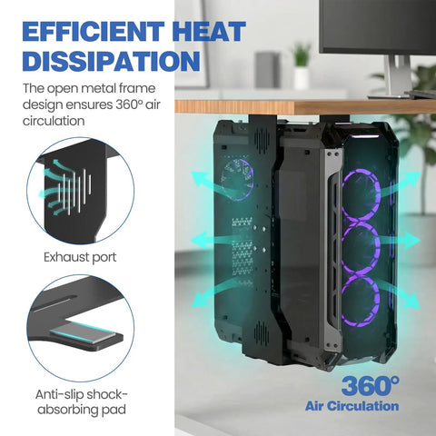 Built Like A Tank Under Desk Pc Mount Heavy Duty Cpu Holder with 360° air circulation for efficient heat dissipation.