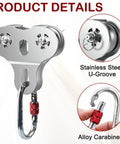 Heavy Duty Stainless Steel Zipline Pulley Kit 2 Pack with Tandem Speed Double Trolley, showing stainless steel U-groove and alloy carabiner.