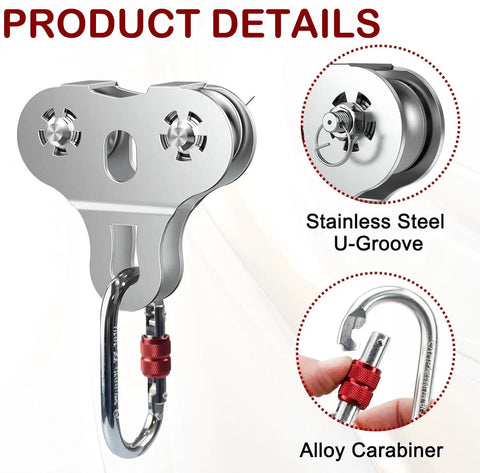 Heavy Duty Stainless Steel Zipline Pulley Kit 2 Pack with Tandem Speed Double Trolley, showing stainless steel U-groove and alloy carabiner.