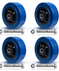 Heavy Duty 5X2 Polyurethane Caster Wheels Set Of 4 Blue Tread Industrial Casters with bolts, showing wheels and hardware.
