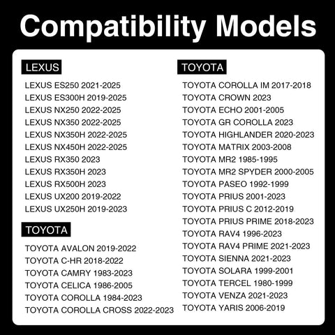 Compatibility models list for Three Piece Engine Oil Filter Set With Drain Plug Washers For Toyota Corolla Camry Prius Yaris Matrix
