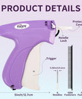 Purple Stitch Gun for Clothes Handheld Sewing Kit with dimensions and features displayed, includes needles and fasteners.