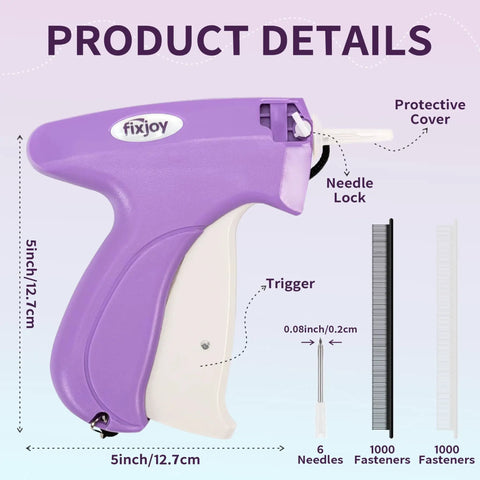 Purple Stitch Gun for Clothes Handheld Sewing Kit with dimensions and features displayed, includes needles and fasteners.