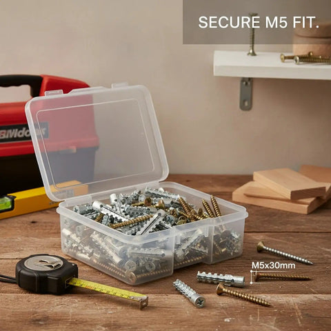 100 Piece Heavy Duty M5 Drywall Anchor And Screw Set With Carbon Steel Zinc Plated Wall Anchors in storage box on table