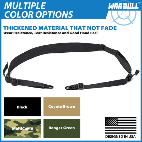 Two Point Rifle Sling With Quick Detach Swivels And HK Hook Soft Shoulder Pad Tactical Gun Sling For Rifle Shotgun And Crossbow Perfect For Hunting Outdoor Sports Grab And Go Hands Free Carry in black color with color options.