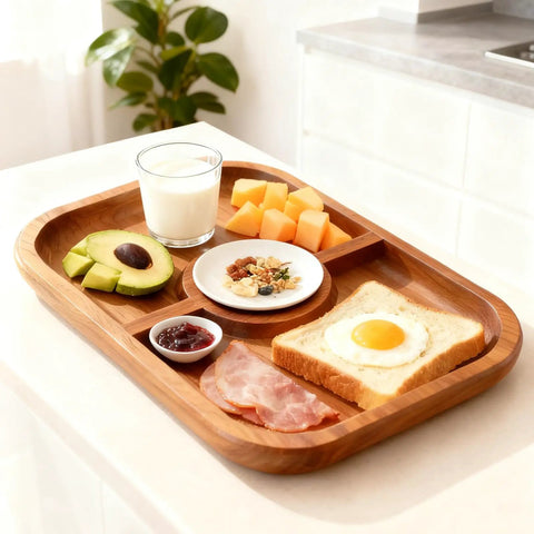 Professional Two Piece Valet Tray Router Templates For Busy Workshops Heavy Duty 5MM Tracing Guides That Lock Down Quick And Stay Put Sweet Kitchen Milling Stencils No Hype Just Reliable Performance For Your Next Shop Project displayed with breakfast items on wooden tray.