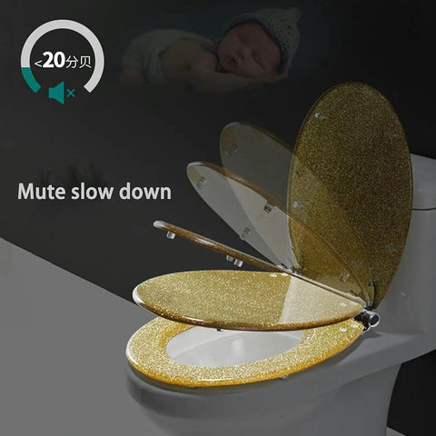 Heavy Duty Soft Close Toilet Seat With Badass Sparkly Resin Lid, Elongated Design, showcased in muted slow close action.