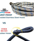 Burst-proof braided stainless steel vs rubber hose, Eight Foot Braided Stainless Steel Washing Machine Hoses, Burst Proof Up To 1500 Psi, Two Pack, Color Coded Hot And Cold Lines, No Fuss Tightening Connectors, Universal Fit For Most Washers, UPC Certified Lead Free AB1953
