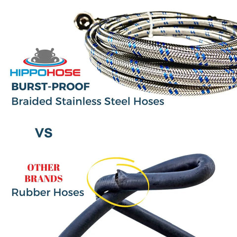 Image comparing 12 Foot Steam Dryer Hose Install Kit With Octagon Connections to rubber hose, showing stainless steel durability.
